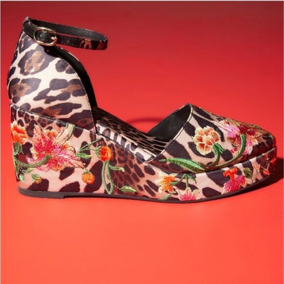 New Natori Artsy Chikayo Leopard Floral Satin Embroidery Wedge Espadrille Shoes - Picture 1 of 8